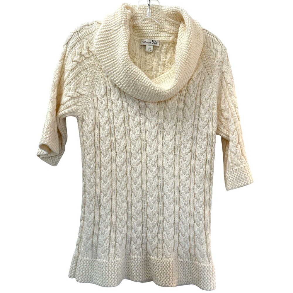 Coldwater Creek Cable Knit Cowl Neck Sweater Large Cream Wool Blend Elbo…